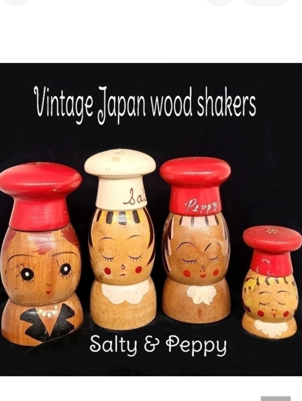 4 Vintage 1970's wood chef shakers in various shapes & sizes. Made in Ja…